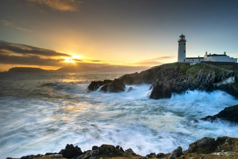 Lighthouse on the coast at sunset